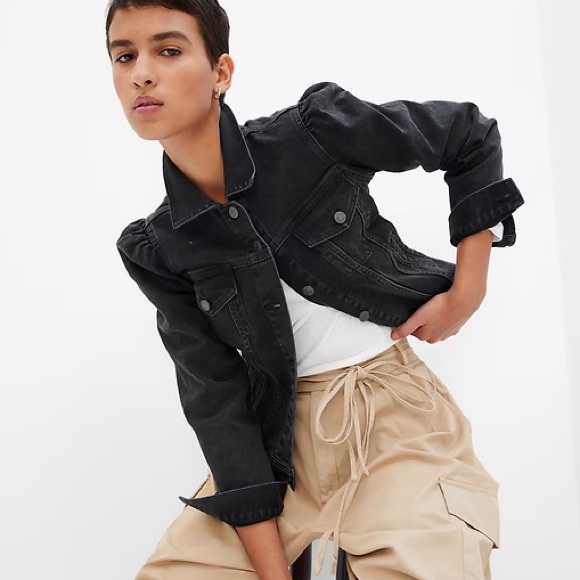 GAP Women's Black Denim Puff Sleeve Button Down Full Length Jacket